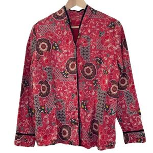 Indian Block Print Cotton Boho Blouse Red Floral Mandarin Collar Size L Artisan